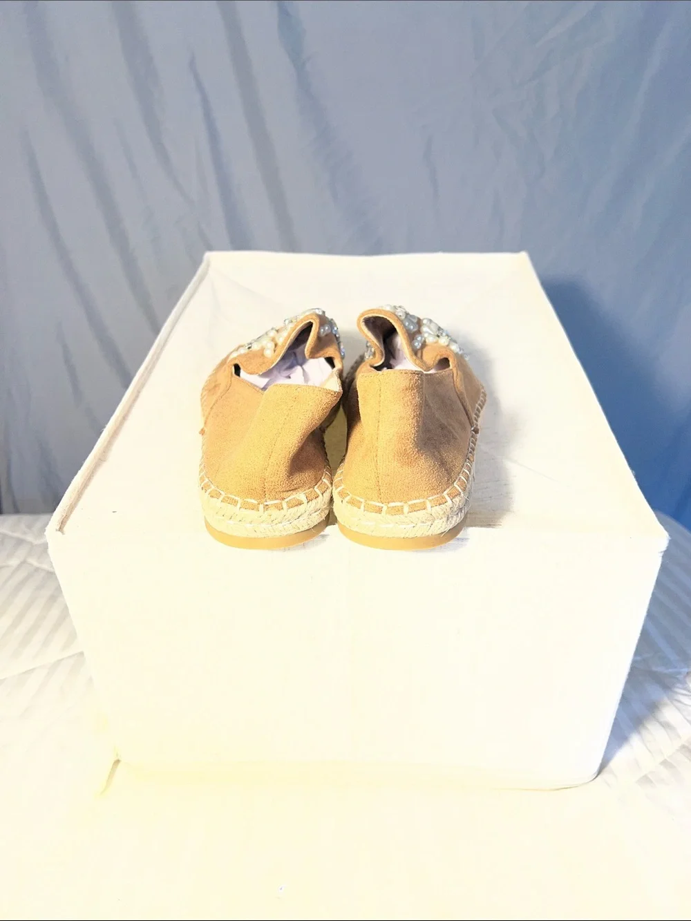 SHEIN Tan Floral Crystal Suede Slip-Ons